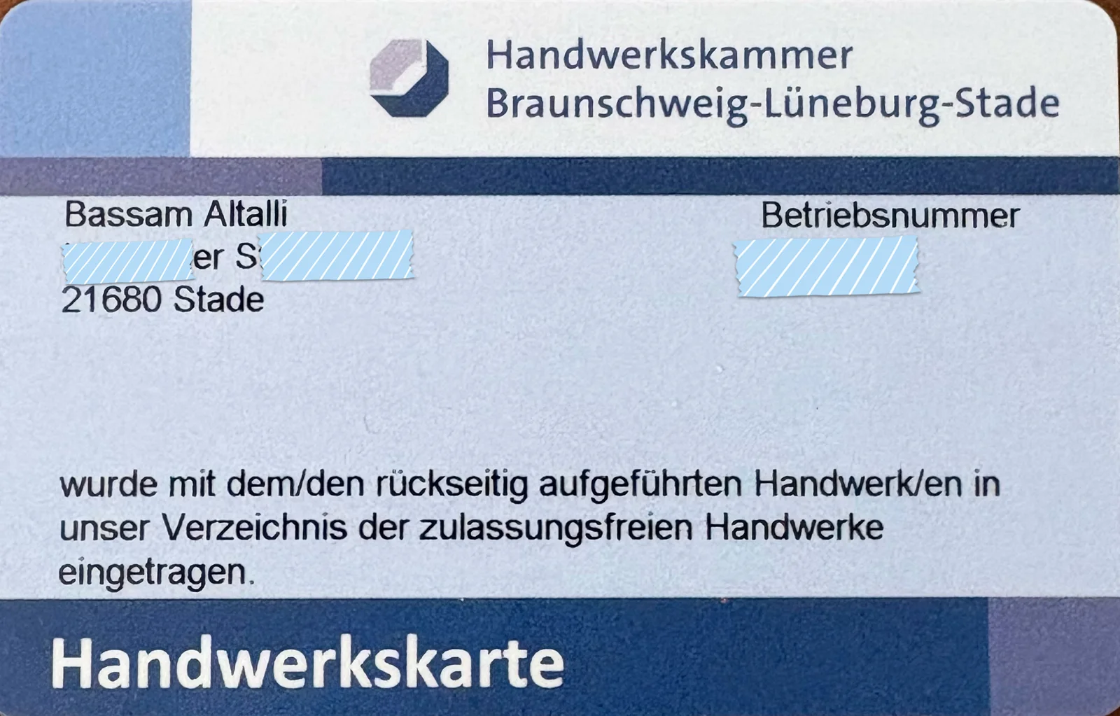 Handwerkskarte von Bassam Altalli, Vorderseite